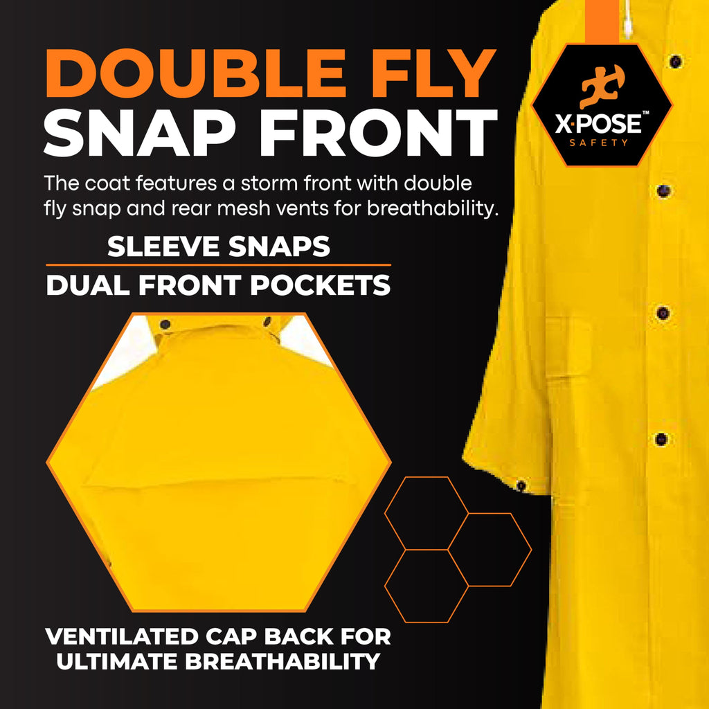 Xpose Safety Heavy Duty Yellow Rain Coat –.35mm PVC 48in Raincoat Jacket with Detachable Hood - Waterproof - Storm Weather, Raining, Fishing, Wet Work Conditions - 4XL