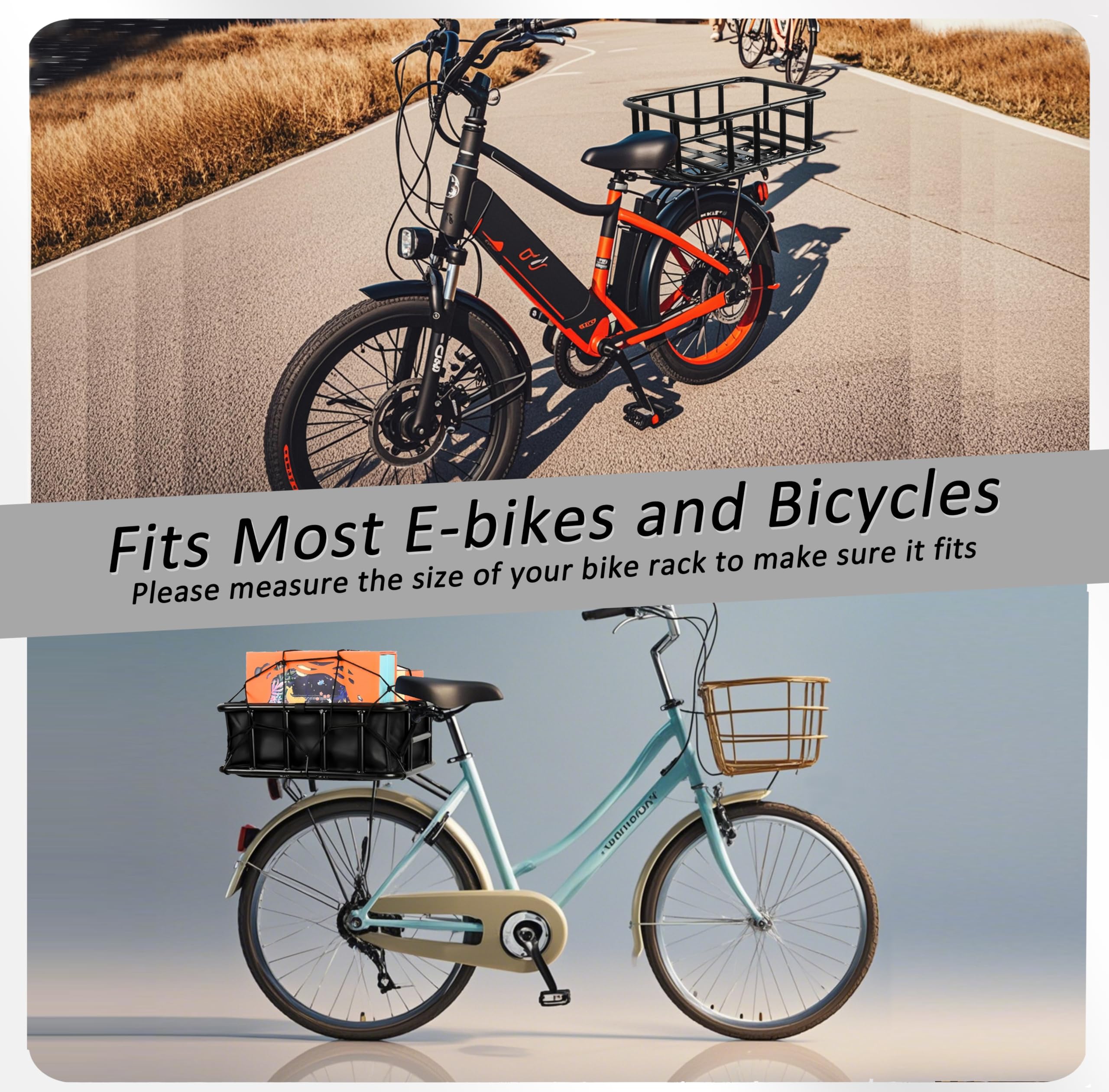 SAMRELAX Bike Basket Rear, Large Bicycle Basket with Cargo Net, Liner and Waterproof Cover for Electirc Bike, Ebike and Bikes, Large Capacity Wire Bakset